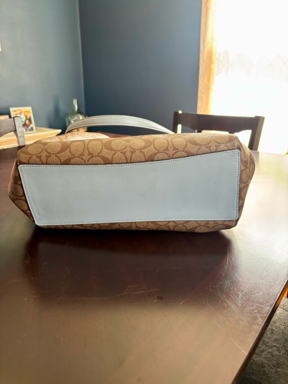 Coach Large Signature Canvas Shoulder Bag with Light Blue Trim - Picture 4 of 11